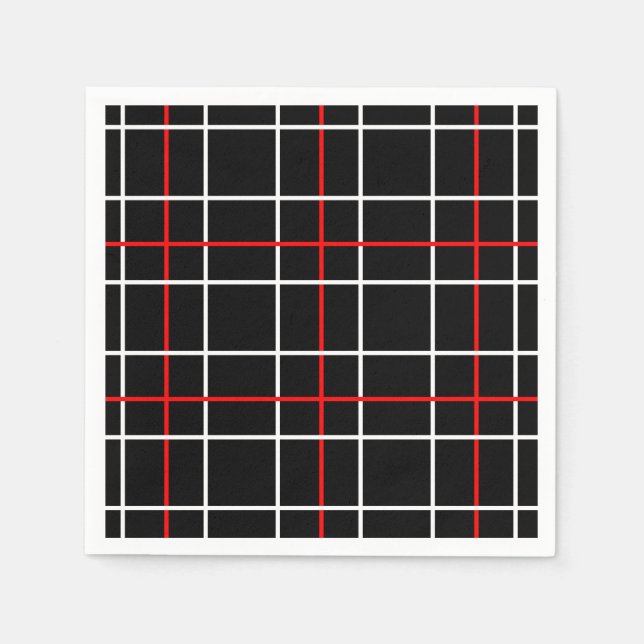 Red White Graphical Lines Black Plaid Design  Napkins (Front)