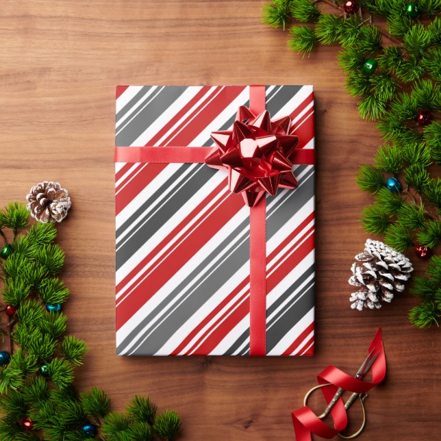 Red White Gray Candy Cane Stripe Holiday Wrapping Paper (Holiday Gift)