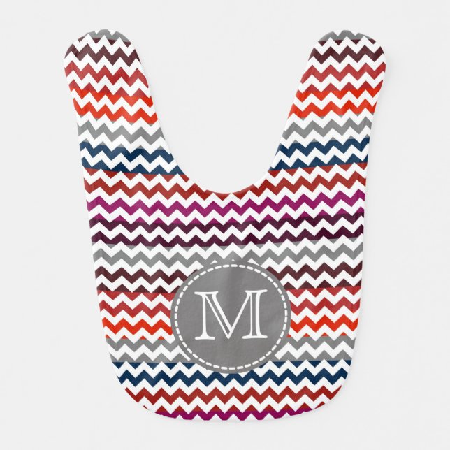 Red White Gray Chevron Zigzag Monogram Baby Bib (Front)