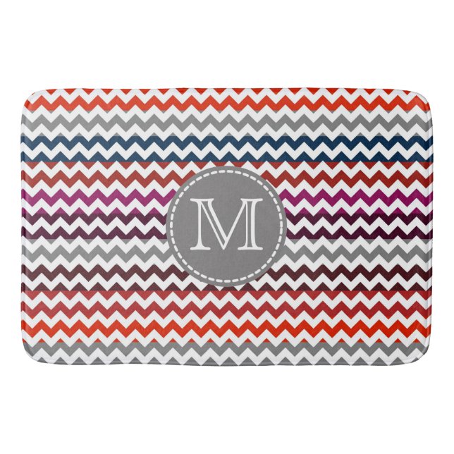 Red White Gray Chevron Zigzag Monogram Bath Mat (Front)