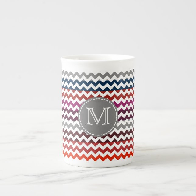 Red White Gray Chevron Zigzag Monogram Bone China Mug (Front)