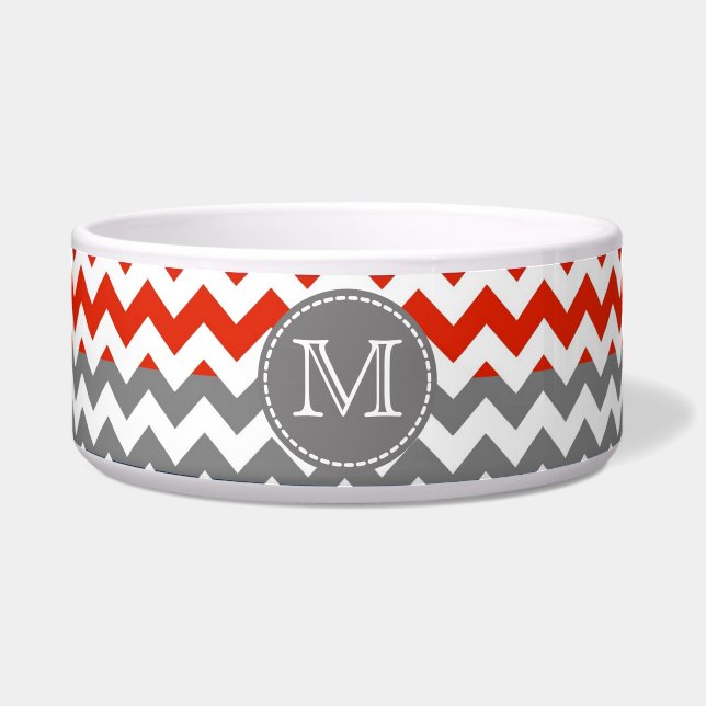 Red White Gray Chevron Zigzag Monogram Bowl (Front)
