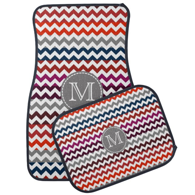 Red White Gray Chevron Zigzag Monogram Car Floor Mat (Set)