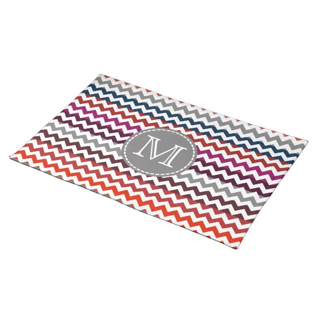 Red White Gray Chevron Zigzag Monogram Cloth Placemat (On Table)