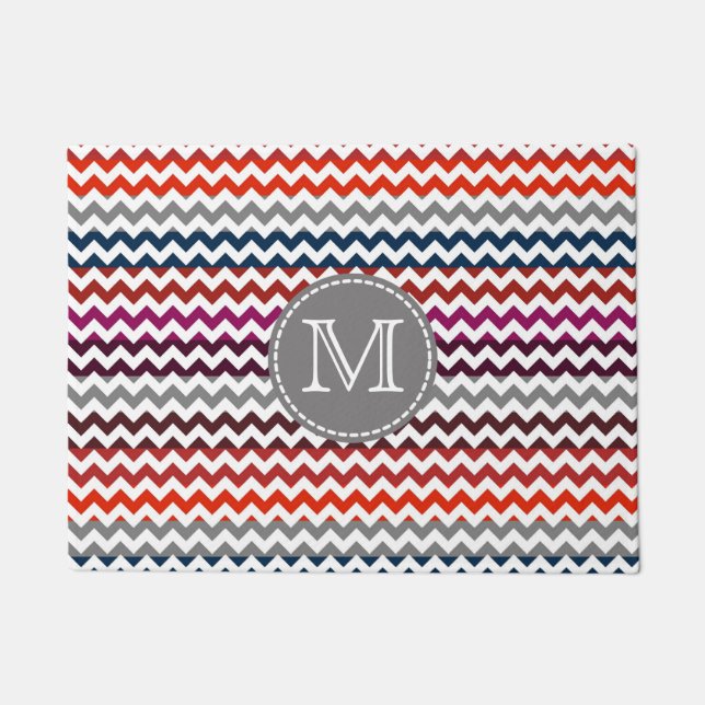 Red White Gray Chevron Zigzag Monogram Doormat (Front)