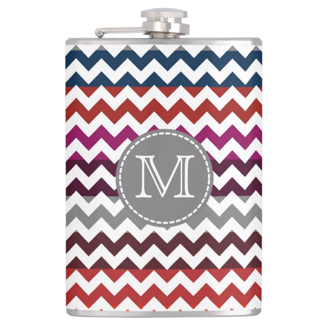 Red White Gray Chevron Zigzag Monogram Flask (Front)