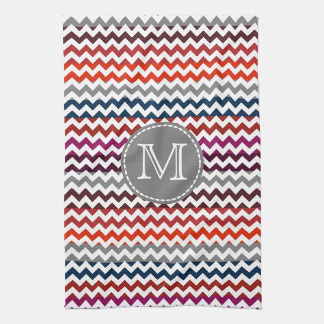 Red White Gray Chevron Zigzag Monogram Kitchen Towel (Vertical)