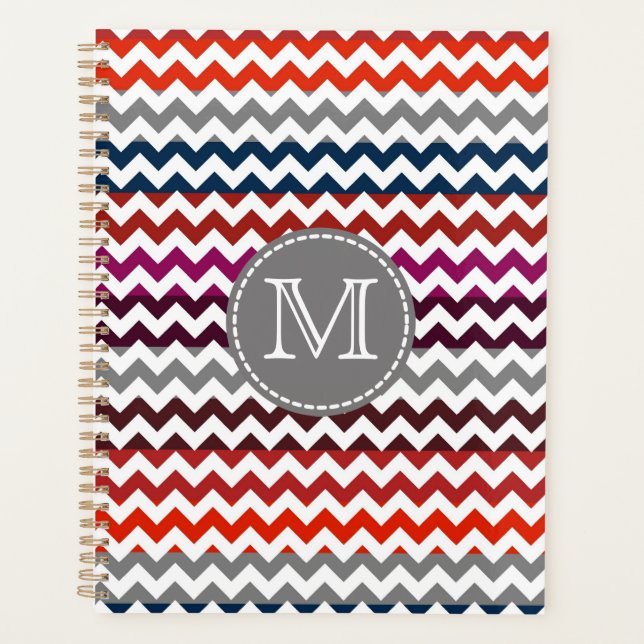 Red White Gray Chevron Zigzag Monogram Planner (Front)
