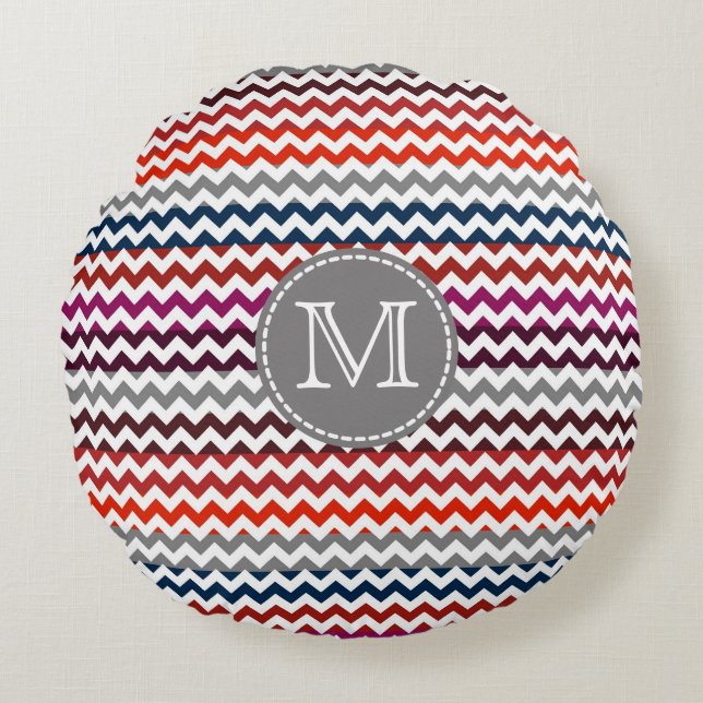 Red White Gray Chevron Zigzag Monogram Round Pillow (Front)