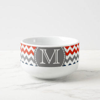 Red White Gray Chevron Zigzag Monogram Soup Mug