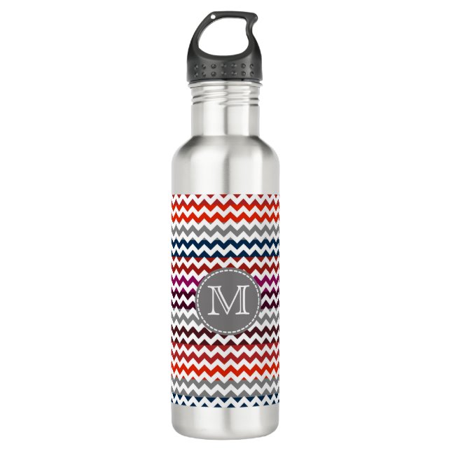 Red White Gray Chevron Zigzag Monogram Stainless Steel Water Bottle (Front)