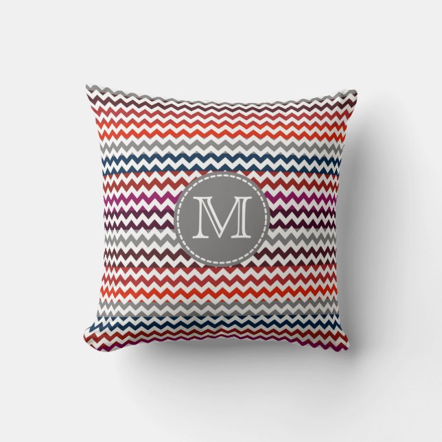 Red White Gray Chevron Zigzag Monogram Throw Pillow (Front)