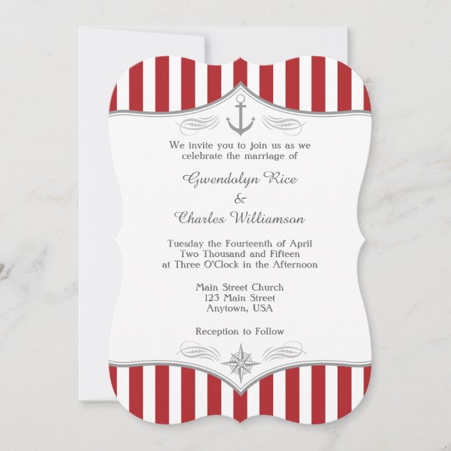 Red White Gray Nautical Wedding Invitation (Front)
