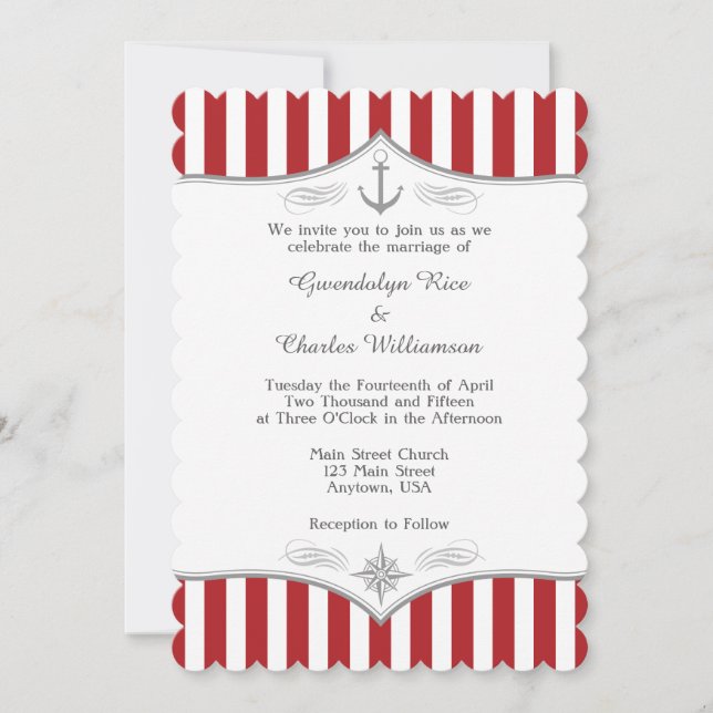Red White Gray Nautical Wedding Invitation (Front)