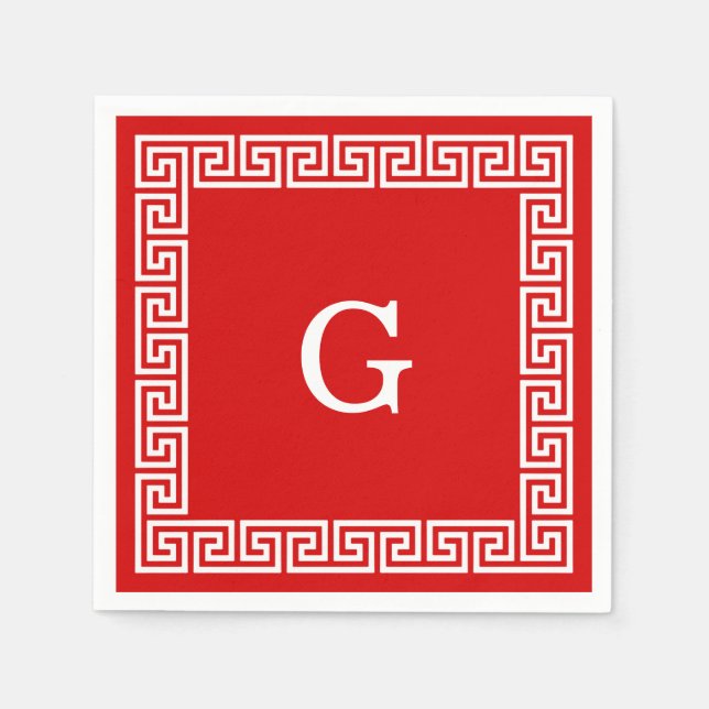 Red, White Greek Key #1 Framed Monogram Paper Napkins (Front)