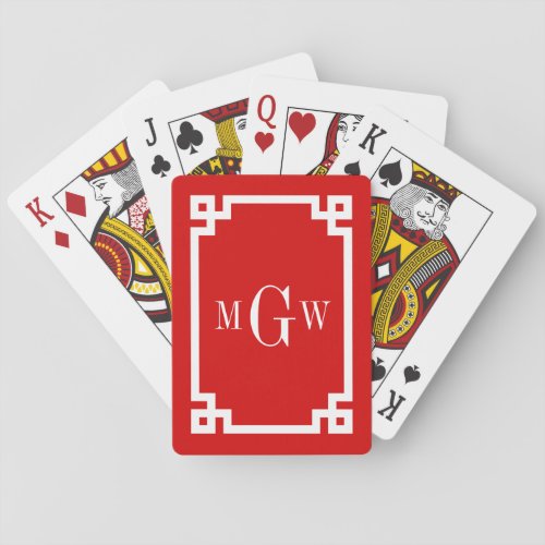 Red White Greek Key 2 Framed 3 Init Monogram Playing Cards