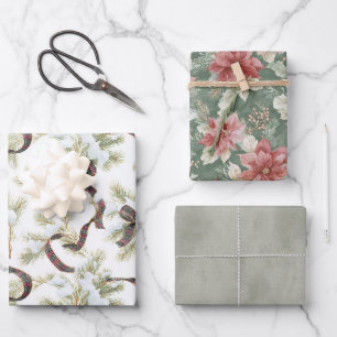 Red White Green Bows Floral Christmas Wrapping Paper Sheets