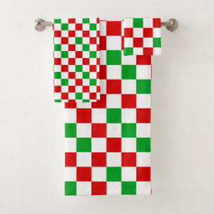 Red White Green Checkered Pattern Design Bath Towel Set