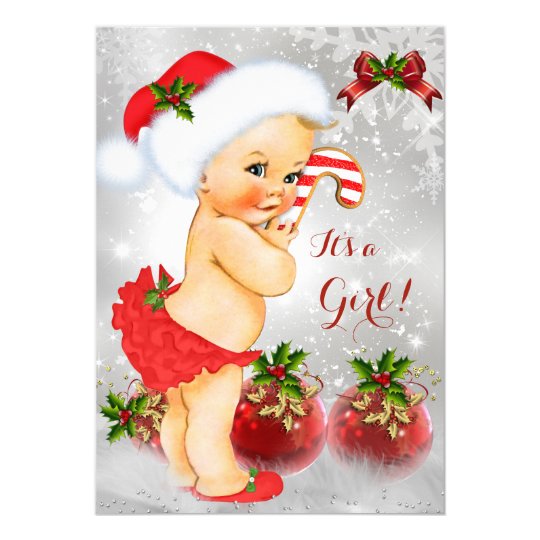 Red White Green Christmas Baby Shower Girl Blonde Invitation