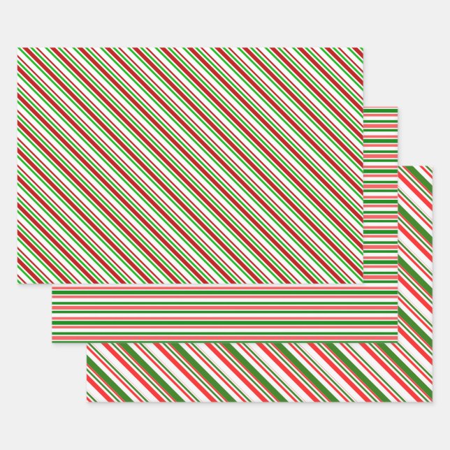 Red, White, Green Christmas-Inspired Stripes Wrapping Paper Sheets (Set)