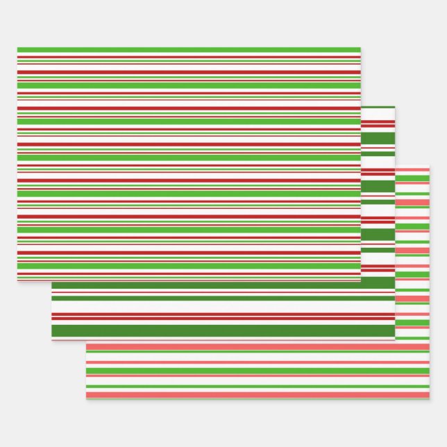 Red, White, Green Christmas-Inspired Stripes Wrapping Paper Sheets (Set)