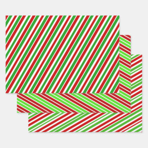 Red, White & Green Christmas Stripes Pattern Wrapping Paper Sheets