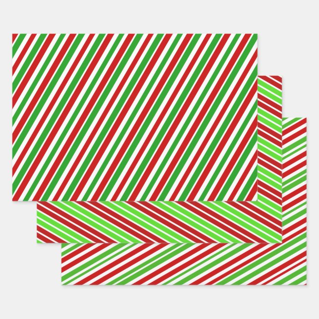 Red, White & Green Christmas Stripes Pattern Wrapping Paper Sheets (Set)