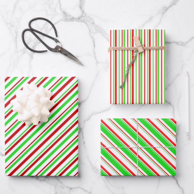 Red, White, Green Christmas Style Striped Patterns Wrapping Paper Sheets (Front)