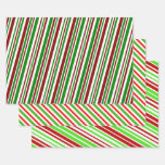 [ Thumbnail: Red, White, Green Christmas-Style Stripes Pattern Wrapping Paper Sheets ]