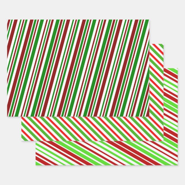 Red, White, Green Christmas-Style Stripes Pattern Wrapping Paper Sheets (Set)