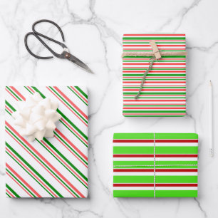 Red, White, Green Christmas Style Stripes Patterns Wrapping Paper Sheets
