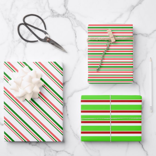 Red, White, Green Christmas Style Stripes Patterns Wrapping Paper Sheets (Front)