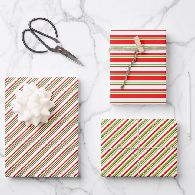 Red, White, Green Christmas-Style Stripes Patterns Wrapping Paper Sheets (Front)