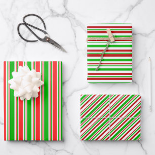 Red, White, Green Christmas-Themed Lines Patterns Wrapping Paper Sheets