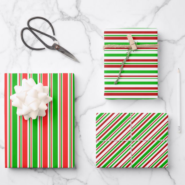 Red, White, Green Christmas-Themed Lines Patterns Wrapping Paper Sheets (Front)