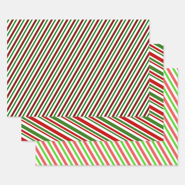 Red, White & Green Christmas-Themed Stripes/Lines Wrapping Paper Sheets (Set)