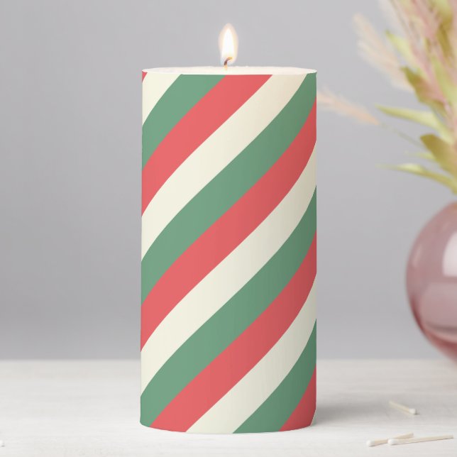 Red, White, & Green Classic Candy Cane Stripes Pillar Candle (In Situ)
