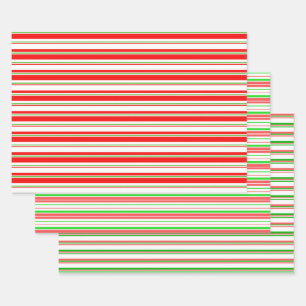 Red, White, Green Colored Christmas Style Lines Wrapping Paper Sheets