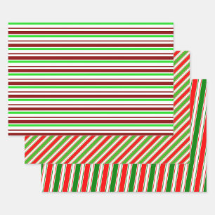 Red, White, Green Colored Christmas Style Lines Wrapping Paper Sheets