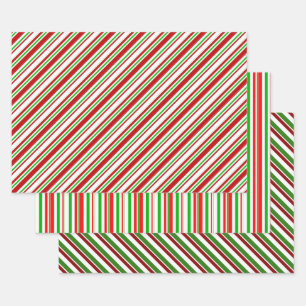 Red, White, Green Colored Christmas Style Stripes Wrapping Paper Sheets