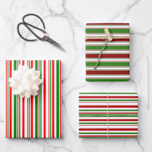 Red, White, Green Colored Christmas-Style Stripes Wrapping Paper Sheets