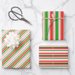 [ Thumbnail: Red, White, Green Colored Christmas Style Stripes Wrapping Paper Sheets ]