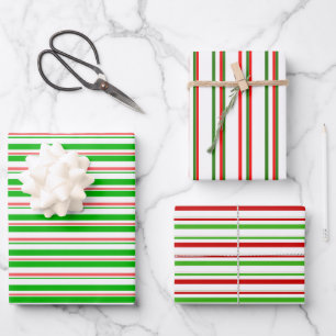 Red, White, Green Colored Christmas Style Stripes Wrapping Paper Sheets