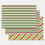 [ Thumbnail: Red, White, Green Colored Christmas Style Stripes Wrapping Paper Sheets ]