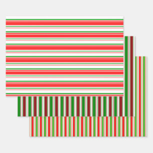 Red, White, Green Colored Christmas Themed Lines Wrapping Paper Sheets
