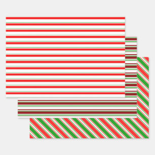 Red, White, Green Colored Christmas Themed Lines Wrapping Paper Sheets