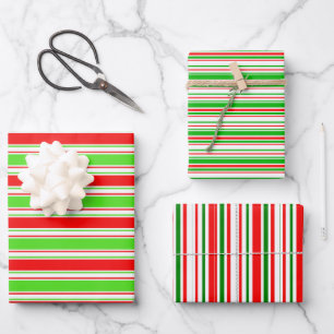 Red, White, Green Colored Christmas Themed Lines Wrapping Paper Sheets