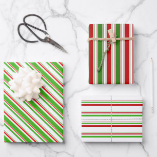 Red, White, Green Colored Christmas Themed Lines Wrapping Paper Sheets