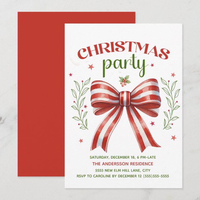 Red White Green Coquette Bow Christmas Party Invitation (Front/Back)