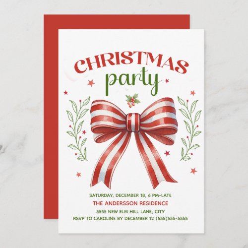 Red White Green Coquette Bow Christmas Party Invitation